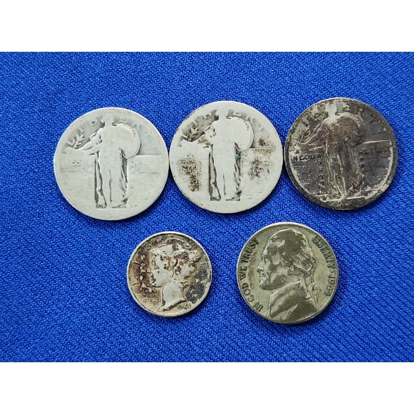 3) 90% Silver Walking Liberty Quarters, 1) 90% Silver 1944 Dime, 1) 35% Silver 1944 Wartime Nickel