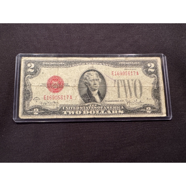 Rare 1928 United States Jefferson $2.00 Red Seal Bill With Funny Back In Protective Holder 