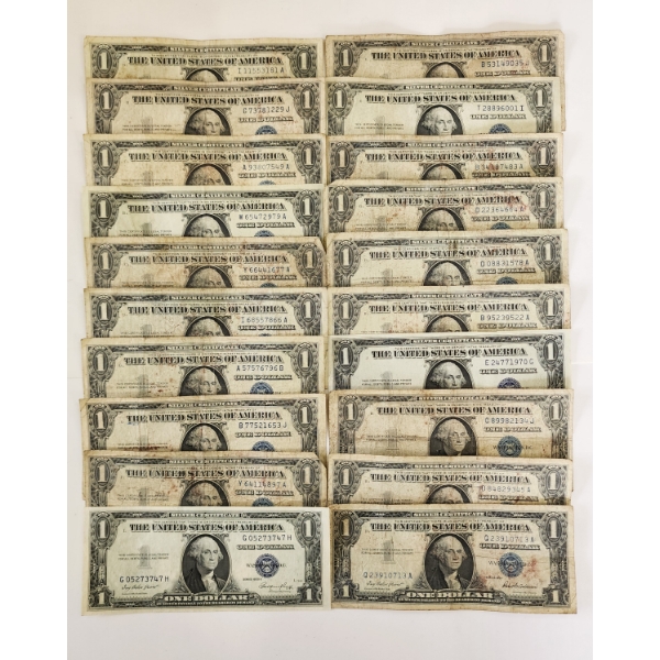 Lot of 20 United States Blue Seal $1 Silver Certificates - Face Value $20.00