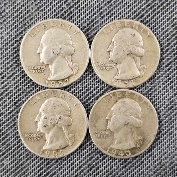 Four Assorted 90% Silver United States Washington Quarters ~ $1.00 Face Value