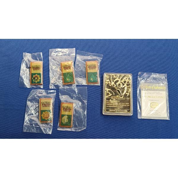 Pokemon Burger King Jigglypuff 23K Gold-Plated Trading Card & (5) Kanto League Thunder Badge Pins