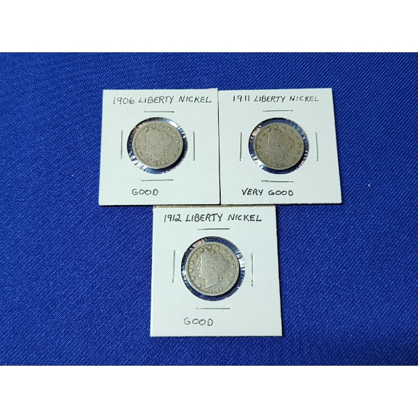 x3 Liberty "V" Nickels: 1906 Good, 1911 Very Good, 1912 Good