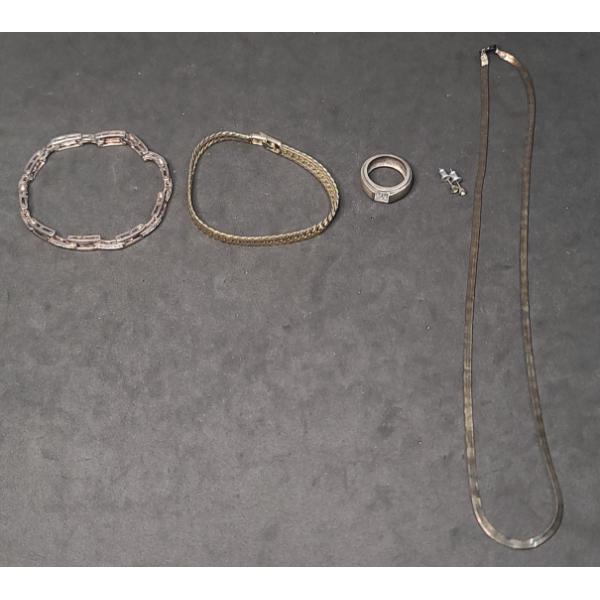 Assorted Lot Of Costume Jewelry Including .925 Sterling Silver Herringbone Necklace