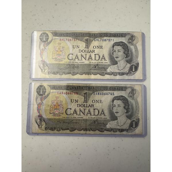 2 - 1973 One Dollar Canada Bills Featuring Queen Elizabeth In Protective Holders - Mint Condition
