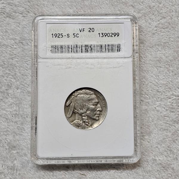 1925-S Buffalo Nickel certified by ANACS as Very Fine (VF) 20