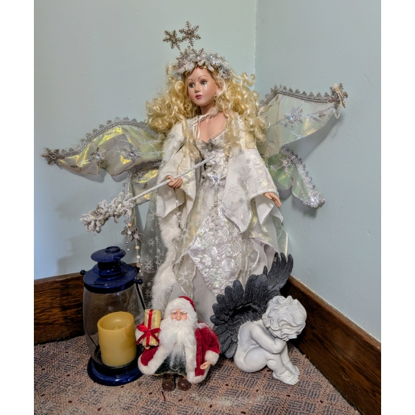 Beautiful 20" Collectors Angel Doll, Sitting Resin Angel, Metal Lantern, And Santa Doll