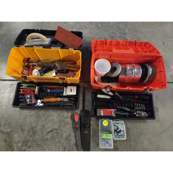 Two Plastic Tool Boxes With Flooring Tools, Knife & Sheath, Tape, Blades & More
