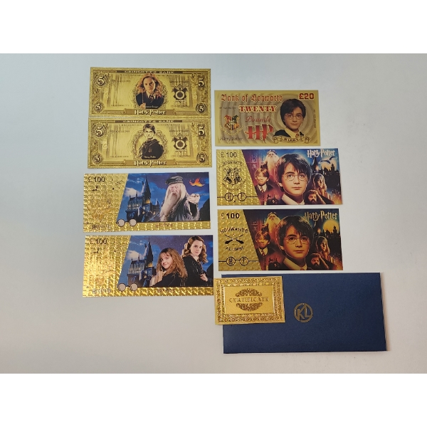 x7 Assorted Harry Potter 24K Gold Foil Banknotes Set w/ CoA