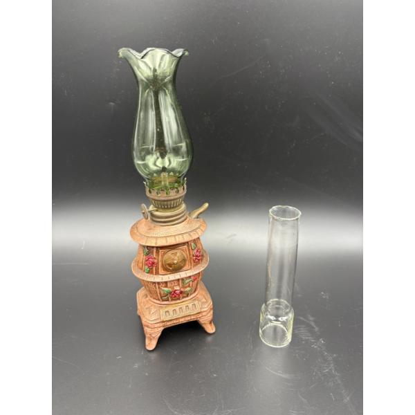 Vintage Ceramic Pot Belly Stove Miniature Oil Lamp with interchangeable globes - ~10 inches tall