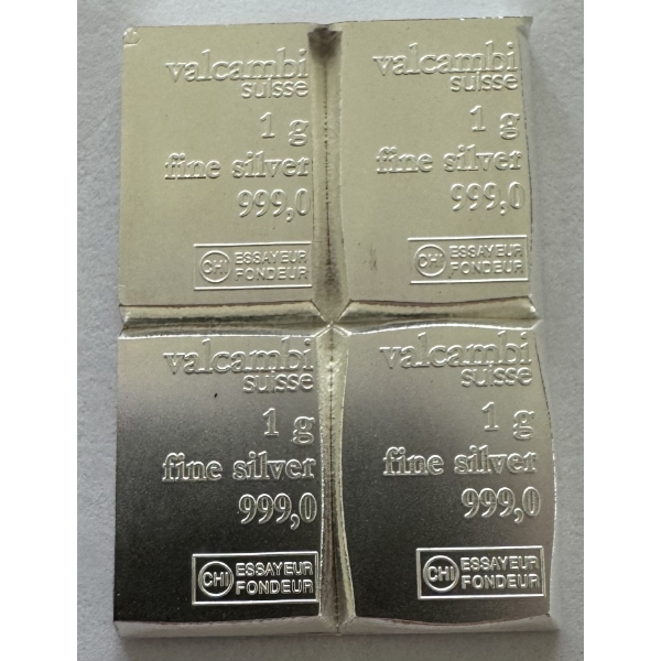 Four Valcambi Suisse 0.999 Fine Silver Bars Weighing 1 Gram Each = 4 GRAMS .999 FINE SILVER! 