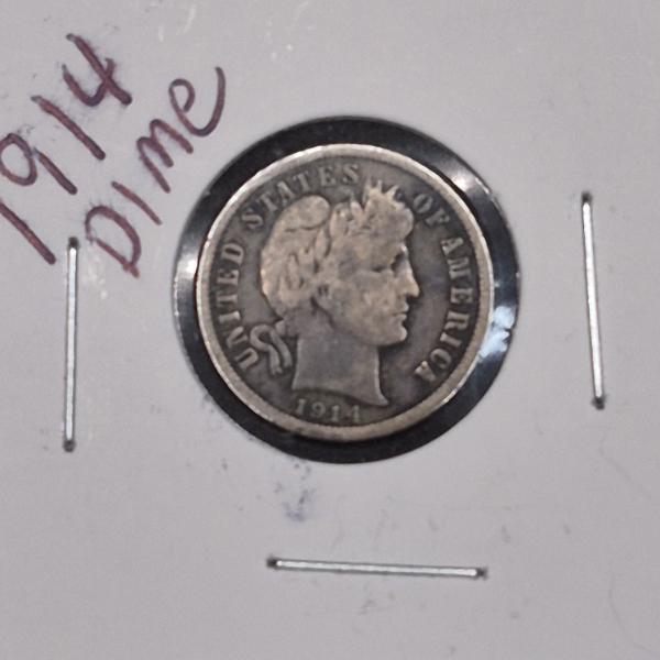U.S. 90% SILVER COINS - RARE 1914 BARBER DIME ($.10)  IN BETTER GRADE - SEE PICS