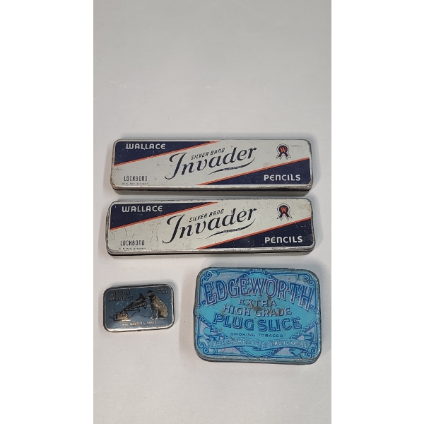 Collection Of (4) Vintage Advertising Tins - Victor Needles, Wallace Pencil Company, Edgeworth 