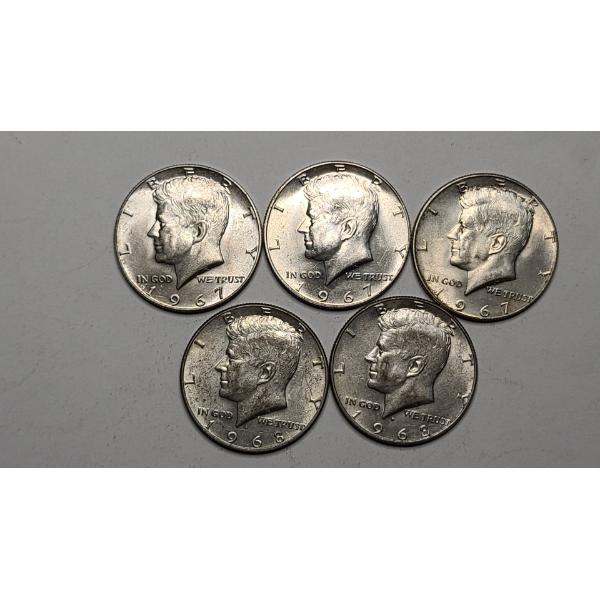 (5) Assorted Years United States 40% Silver Kennedy Half Dollars - Face Value: $2.50