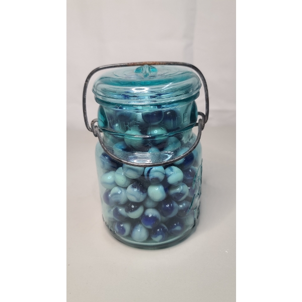 Vintage Pint Sized Ball Mason Jar Full Of Marbles Including Some Uranium