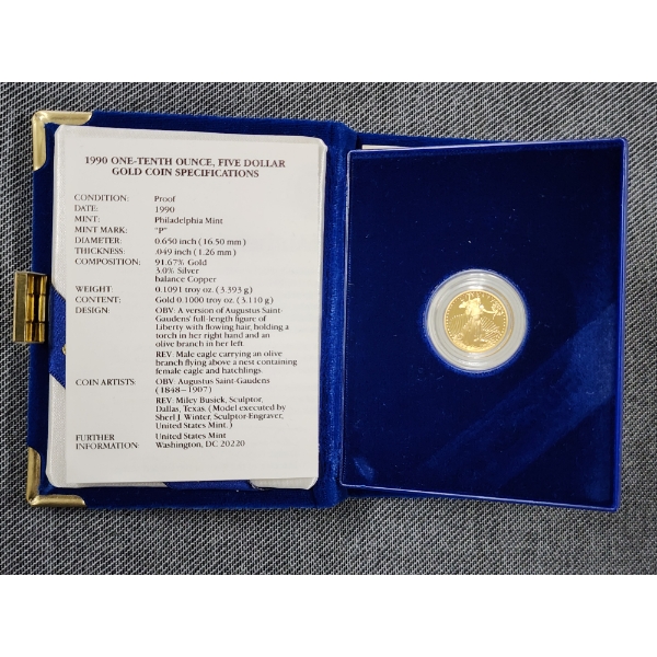 1990 One Tenth Ounce PROOF $5 American Eagle Gold Bullion Coin - 1/10th OZ OF GOLD!