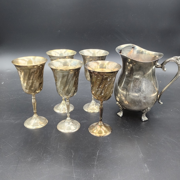 Set of Five Silverplated Swirl Goblets & Silverplated Pitcher - Total Weight: 5.4 lbs