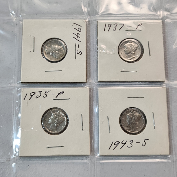 Four 90% Silver Mercury Dimes: 1941-S, 1937-P, 1935-P, 1943-S FV: $0.40