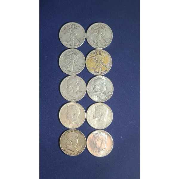 (10) Assorted Silver Half Dollars Including Walking Liberty, Franklin & Kennedy Half Dollars - FV $5