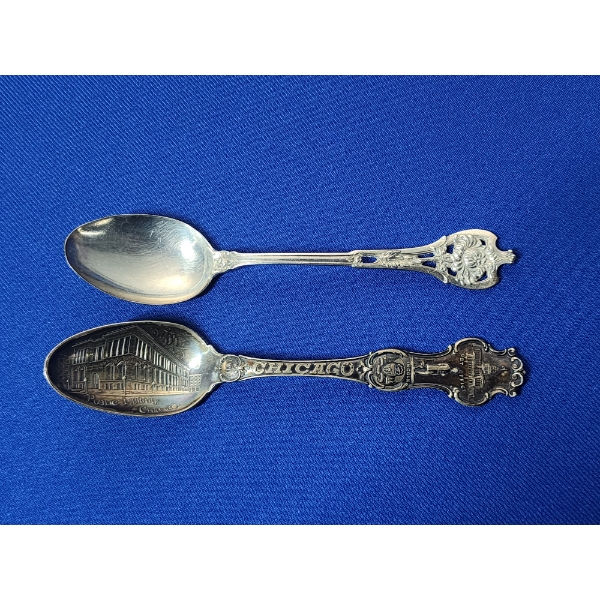 2 - Vintage Sterling Silver Collectible Spoons: Flower Design & Chicago Theme - TW: 44.2g