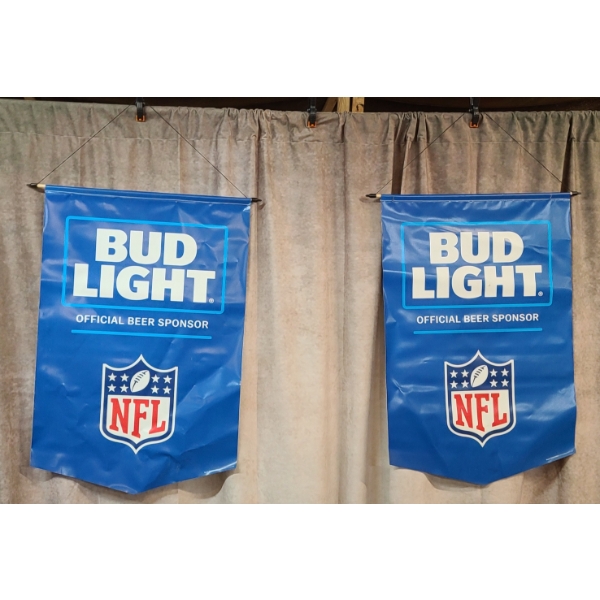 (2) 36" x 23" Bud Light Hanging Banners & 12x16 Anheuser Busch 150th Anniversary Metal Sign 