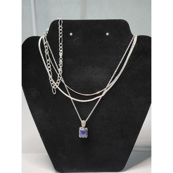 Sterling Silver Bracelet and Necklaces, Including Blue-Stone Pendant - TW: 18.7g