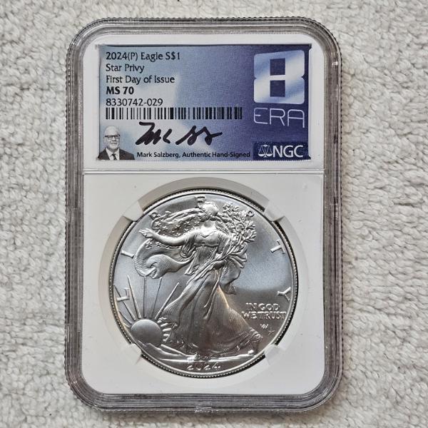 2024 (P) American 99.9% Fine Silver Eagle Coin featuring "Star Privy" mark, graded MS 70 by NCG