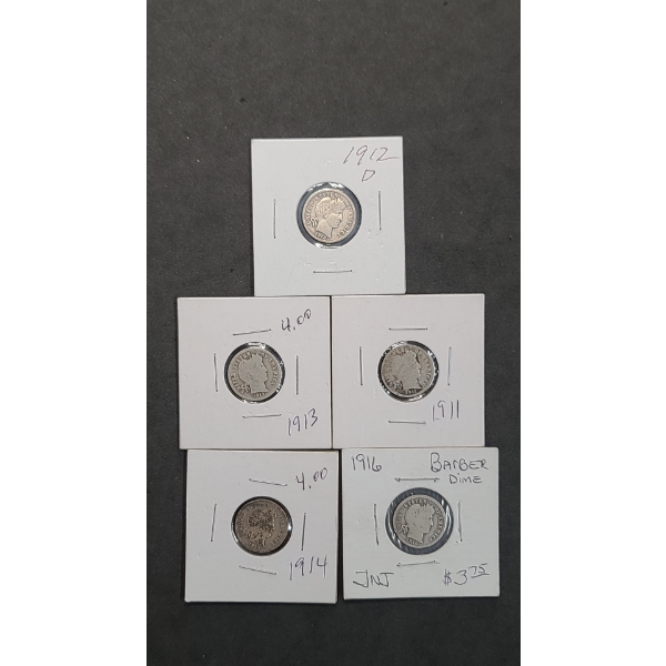 (5) Assorted Years 90% Silver Barber Dimes - Face Value: $0.50