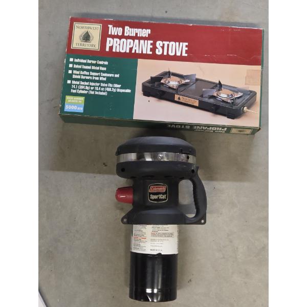 New In Box Northwest Territory 2 Burner Camp Stove & Coleman Sport Cat Portable Camping Catalytic He