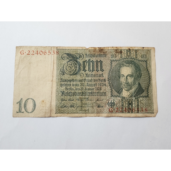 Germany 10 Reichsmark Banknote 1929 Vintage German Currency Note