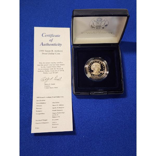 1999 Susan B. Anthony Proof Dollar Coin in Display
