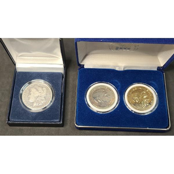 1900-S Silver Morgan Dollar & President Ronald Reagan Gold Silver Plated Medallions 