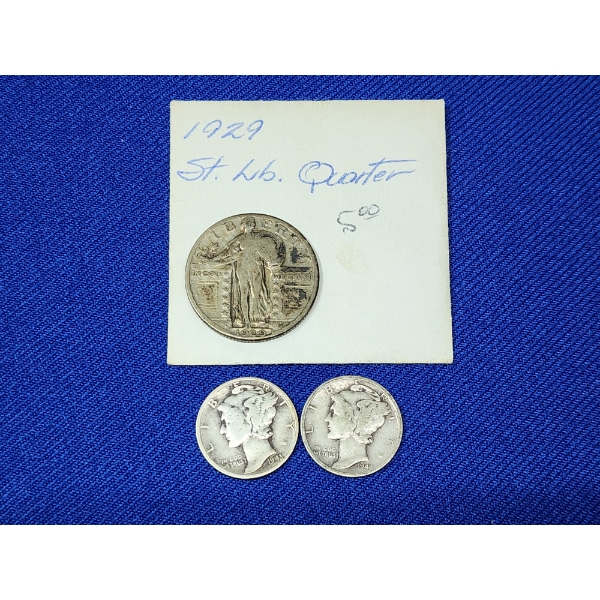 3 U.S. Silver Coins: 1929 Standing Liberty Quarter, 1943 and 1944 Mercury Dime