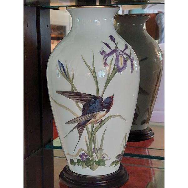 11 1/2"  Porcelain Bluebird On Thrush Vase - Design Continues Completely Around Both Sides Perfect