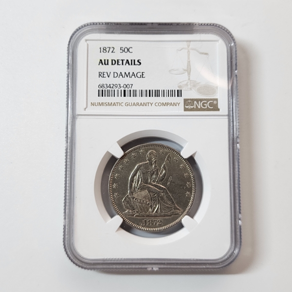 U.S. Better Date 1872 Seated Liberty Half Dollar - 90% Silver - NGC AU Details - REV Damage 