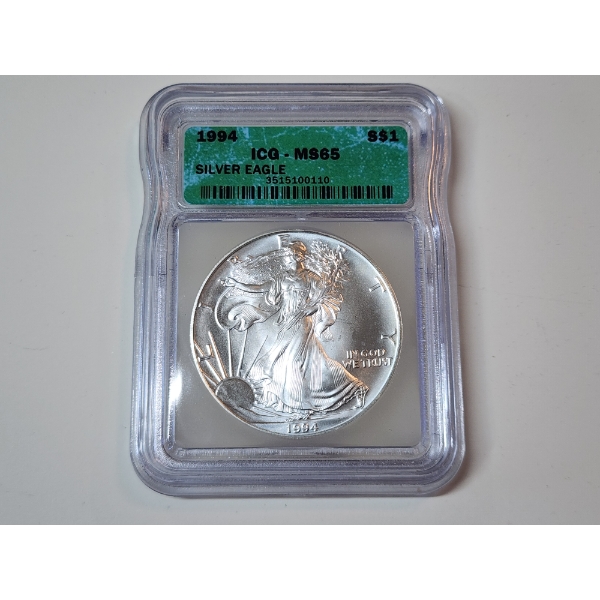 ICG Graded MS65 1994 American Silver Eagle - 1 oz .999 Fine Silver 