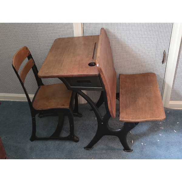 PICKUP IN CANTON - Vintage Wooden Childs School 25''x31'' Desk And 11.5''x 25'' Matching Chair 