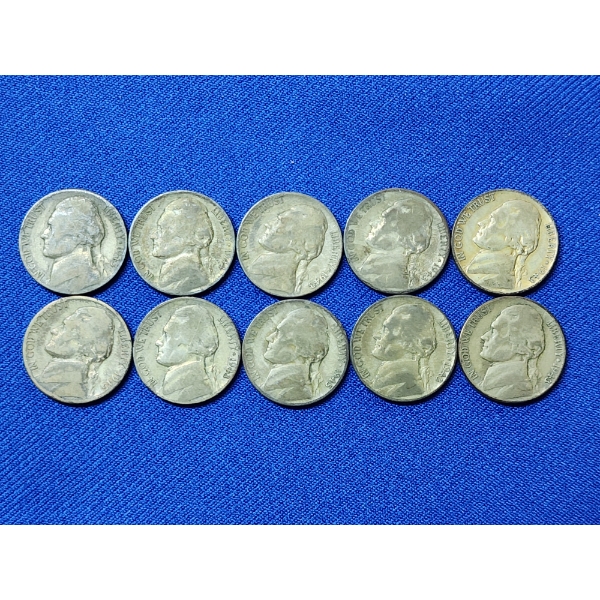 x10 Assorted Years Jefferson Wartime Nickels FV: $0.50