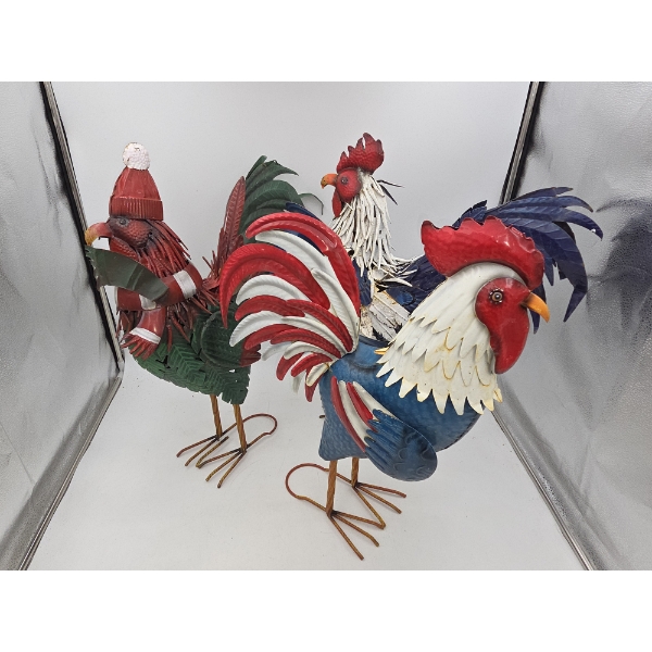 Three 15''x21'' Metal Roosters