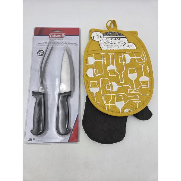 Brand New Neoprene Cooking Mitts, And Coleman Knife & Fork Set