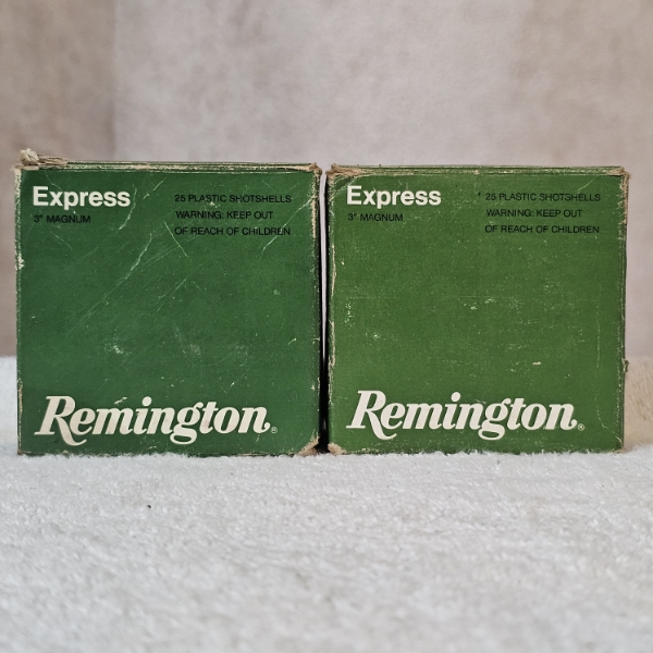 Two Vintage Remington Express Magnum 20 Gauge Partially-Filled Shotgun Shell Boxes (4 & 7.5 Shot)