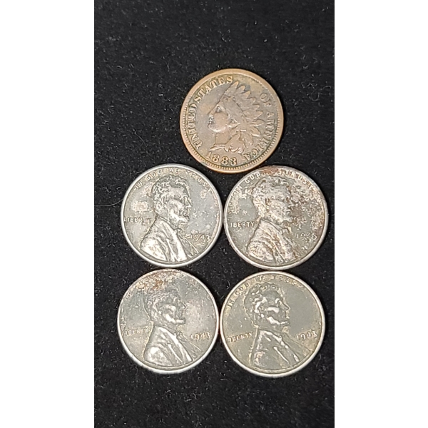 (1) 1883 Indian Head Cent & (4) 1943 Lincoln Steel Wheat Cents - Face Value: $0.05