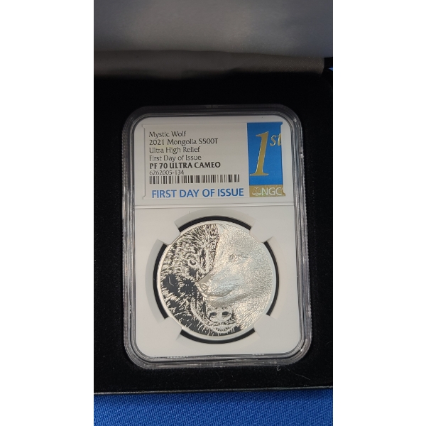 2021 NGC PF 70 ULTRA CAMEO Ultra High Relief Mongolia 500 Togrog 1 oz Silver Mystic Wolf Coin
