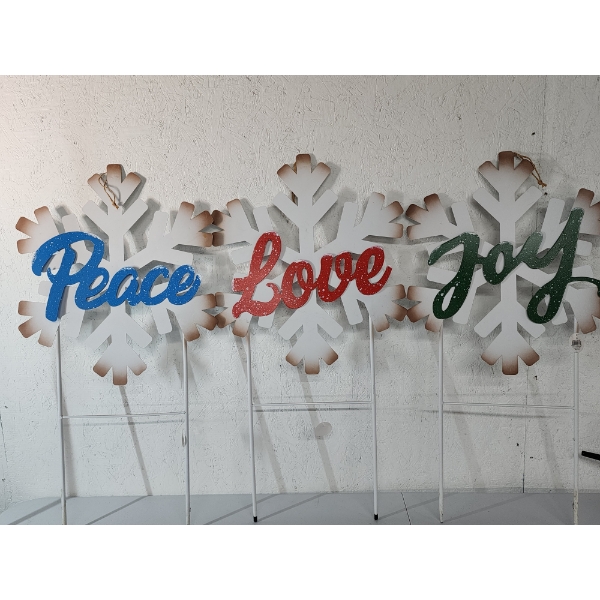 (3) Snowflake "Peace, Joy, Love" Yard Stakes - Approx. 30in Tall