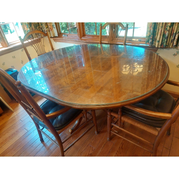 Maple Wood Table With Glass Top 62" x 48" Incl Leave & Chairs As ShownExcellent Condition