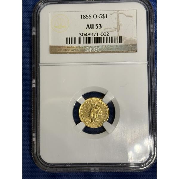 1855-O Type 2 Indian Princess Gold $1 Coin, Rated by NGC- AU53