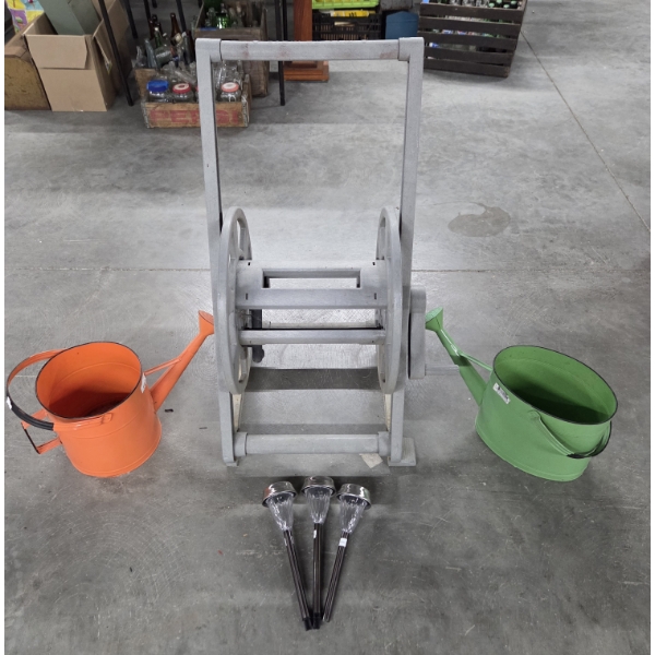 Hose Reel, Two Metal Watering Cans And 3 New Solar Garden Lights