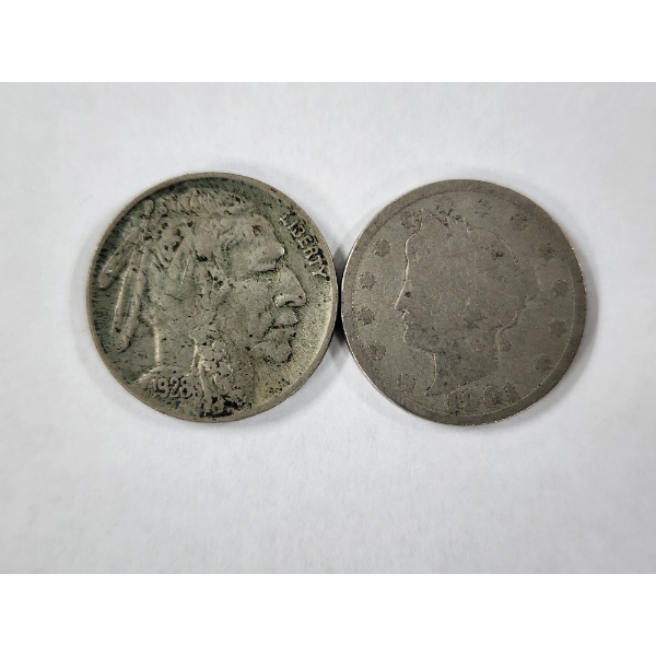 Two United States Collectible Nickels ~ 1928 Buffalo Nickel & 1901 Liberty Nickel