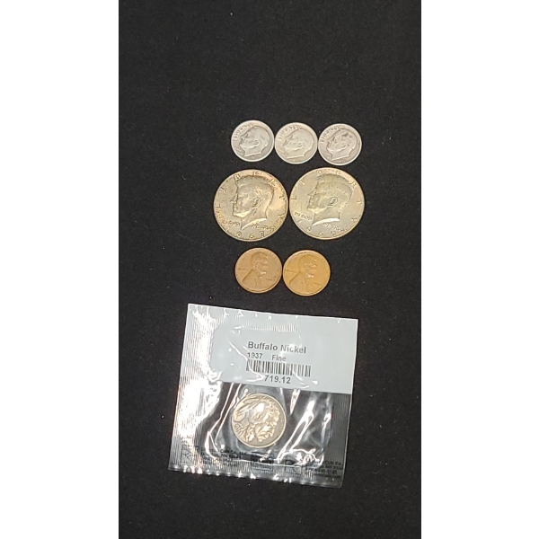 Assorted Silver Roosevelt Dimes, 40% Silver Kennedy Half Dollars, Wheat Pennies & Buffalo Nickel