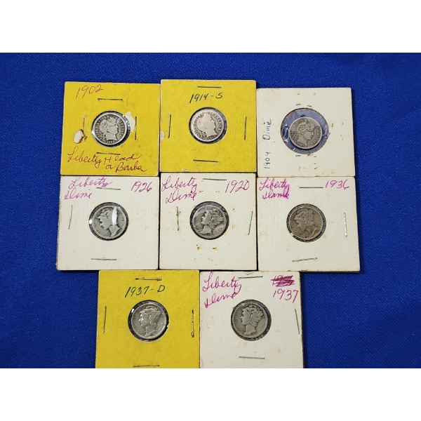 x8 United States 90% Silver Dimes: Assorted Years Liberty Head/Barber/Mercury FV: $0.80