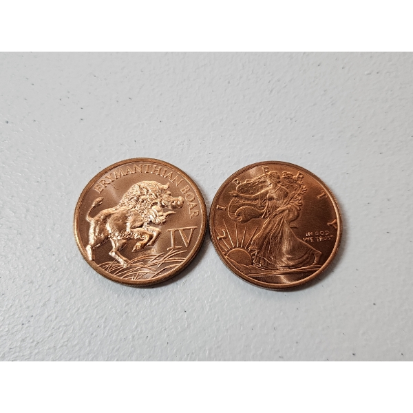 x2 1 oz Fine Copper Rounds: Walking Liberty & Erymanthian Boar